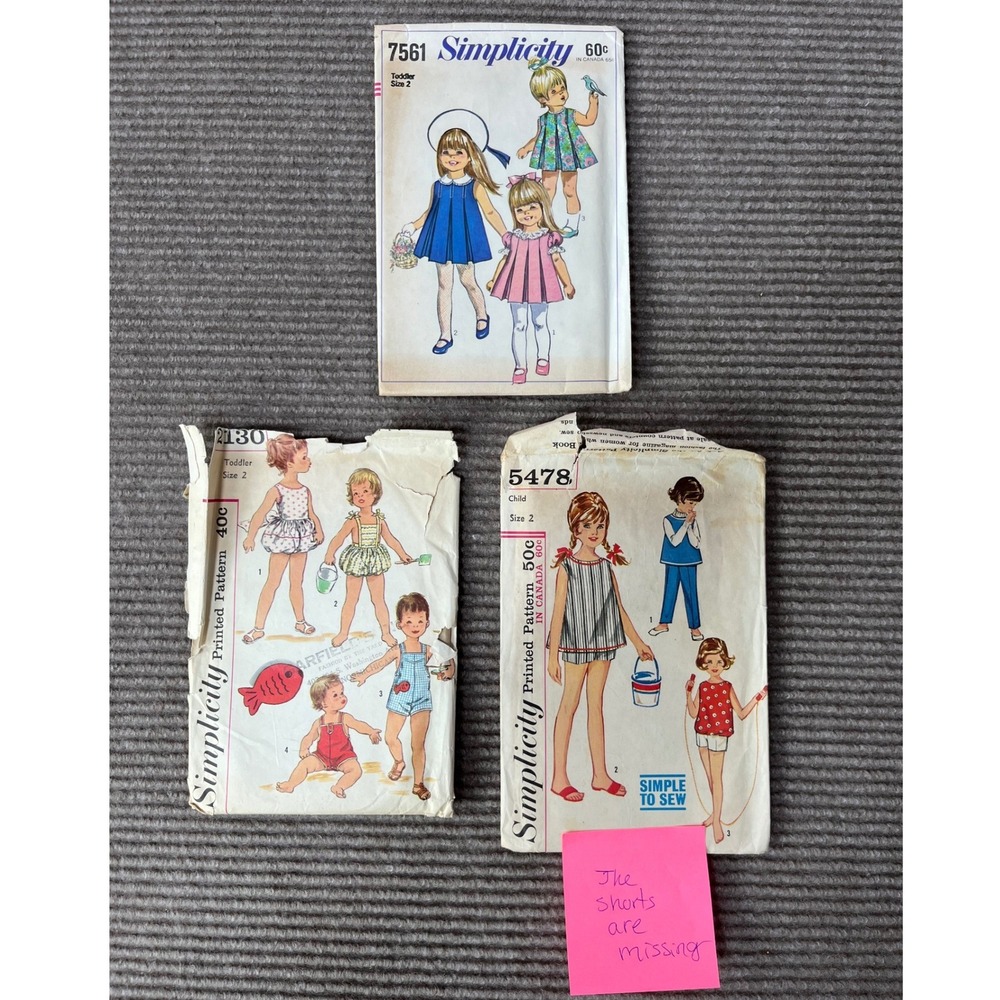 Lot 3 Vintage Simplicity Sewing Patterns 7561 2130 5478 Toddler Child Size 2 60s